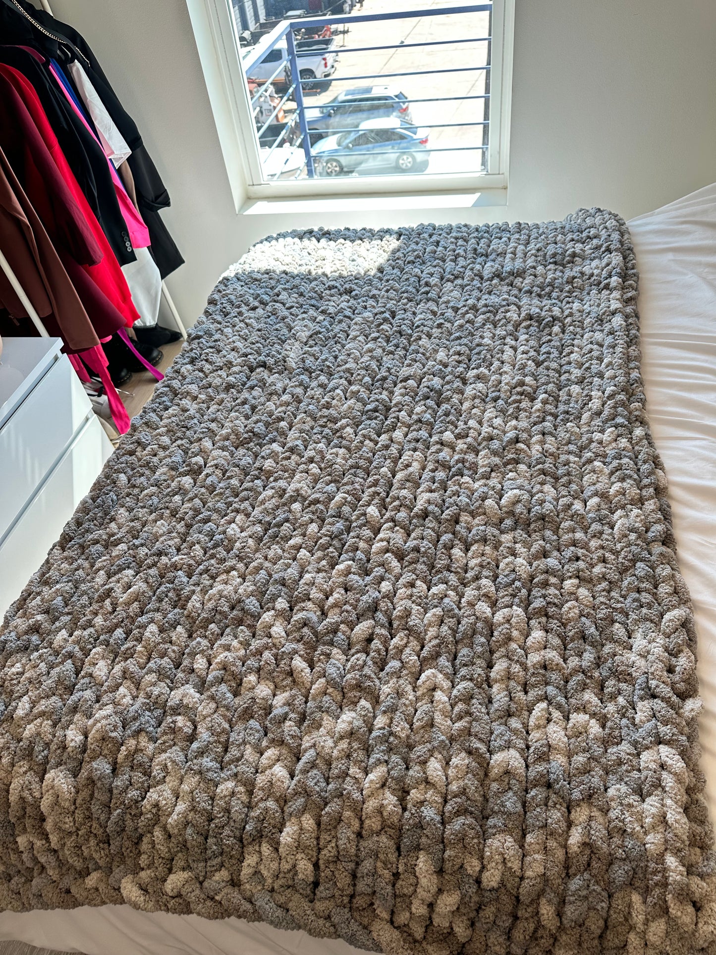 Multicolor throw blanket.